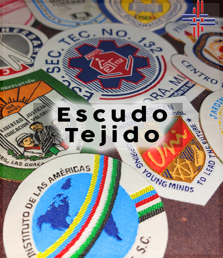 Banner de Escudo Tejidos. Aplicaciones tejidas en Damasco con corte laser para diferentes escuelas.